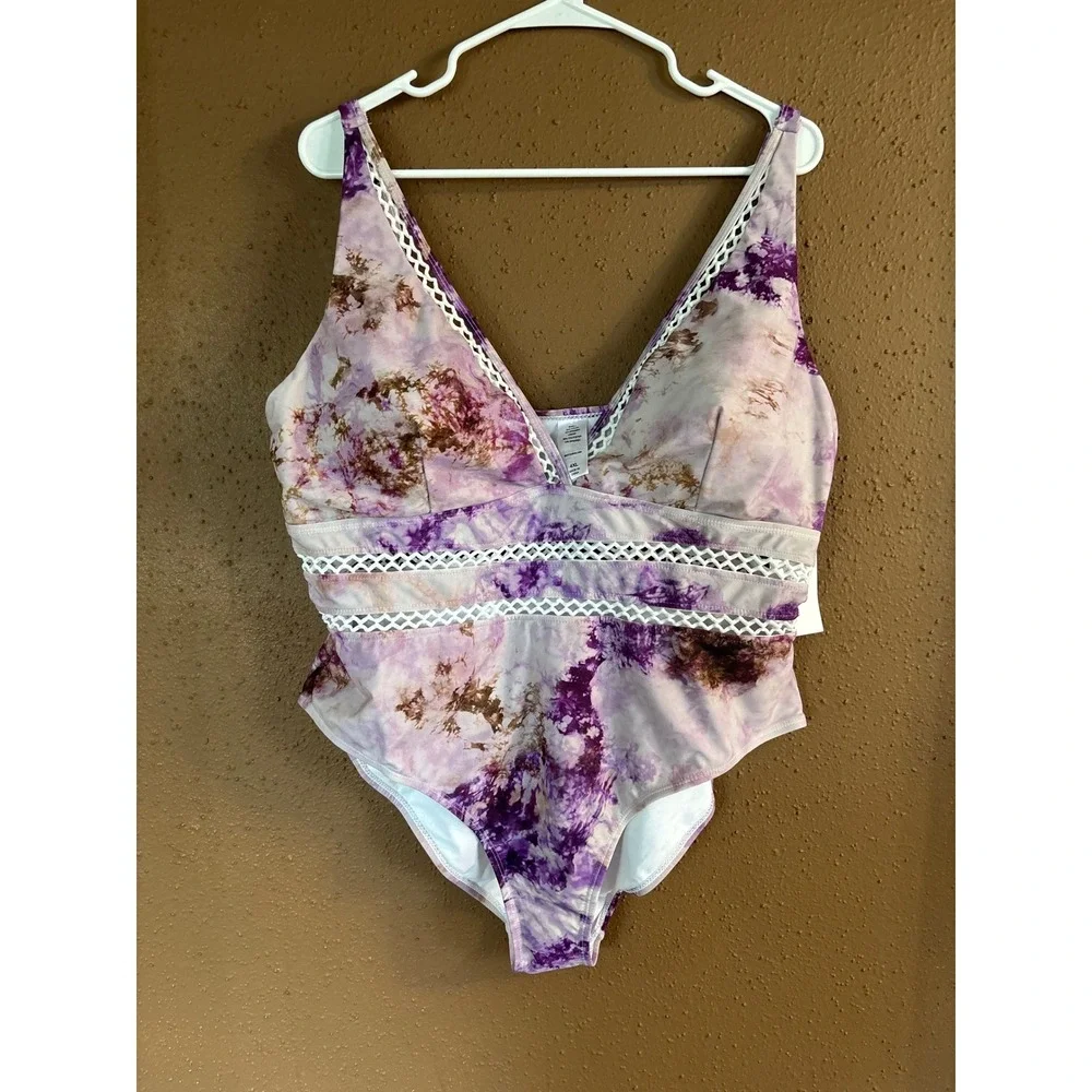 MeetCurve Purple Tie Dye Lattice One Piece Swimsuit Plus Size 4XL New